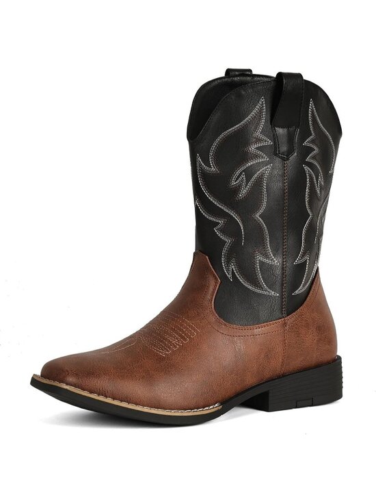 Men\'s Black Brown Faux Leather Wide Square Toe Slip-Resistant Western Boots